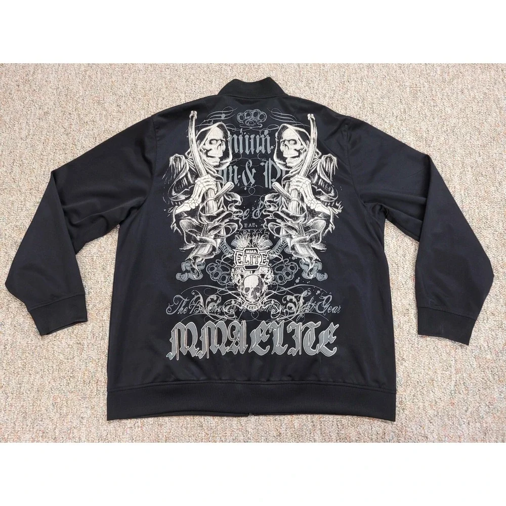 MMA Elite Track Jacket Mens XL Black Skull Graphic Zip Up Strength Y2K Sport